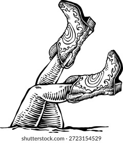 Uma ilustração vetor vintage única e elegante com um par de pernas femininas vestindo botas de cowboy ornamentadas. O trabalho artístico é criado em um estilo clássico de gravura ou xilogravura, caracterizado por hachura detalhada e negrito. Esta estética divertida e robusta do "Wild West" é perfeita para marcas de moda, cartazes de festivais de música country, cartões de felicitações, impressões de camisetas e designs de estilo de vida retro-temáticos.