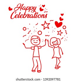 Unique and stylized design of stick figures in dancing style with some celebration items like stars, bubbles, crystals and ribbons in a very attractive style in red colors.