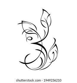 unique stylized twig with leaves and curls in black lines on a white background