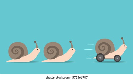 Único caracol en movimiento rápido con ruedas delante de algunas lentas. Competencia, ventaja competitiva e innovación. Diseño plano. Ilustración vectorial EPS 8, sin transparencia