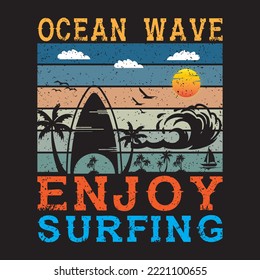 Unique Summer Surfing Ocean wave Enjoy Vintage T-shirt design vector