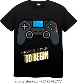 An Unique T Shirt design with A minimalist game controller View with the quote "Press Start To Begin"