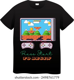 An Unique T Shirt design with A minimalist game controller View with the quote "Press Start To Begin"