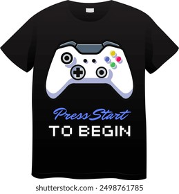 An Unique T Shirt design with A minimalist game controller View with the quote "Press Start To Begin"