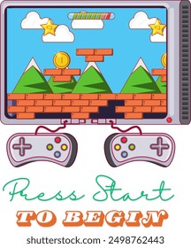 An Unique T Shirt design with A minimalist game controller View with the quote "Press Start To Begin"