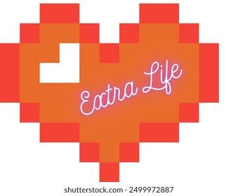 An Unique T Shirt design with pixel heart View with the quote "Extra Life"