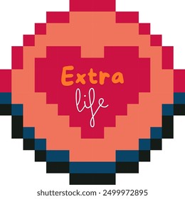 An Unique T Shirt design with pixel heart View with the quote "Extra Life"