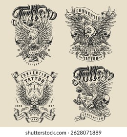 Unique tattoo convention designs showcase intricate illustrations featuring eagles skulls and bold lettering. These classic graphics highlight the artistic history of tattoo culture.