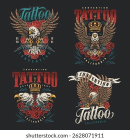 Unique tattoo designs showcasing detailed eagles and roses are displayed in vibrant colors. These artworks celebrate creativity and artistry at a tattoo convention in California.