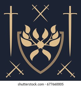 Unique template of the security company. Abstract shield with leaves and swords. 
