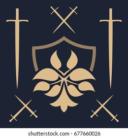 Unique template of the security company. Abstract shield with leaves and swords. Security sign.
