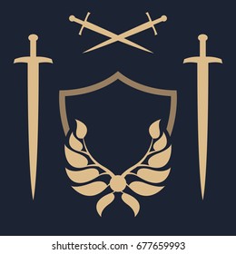Unique template of the security company. Security sign. Abstract shield with leaves and swords. 
