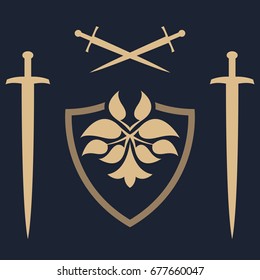 Unique template of the security company. Security sign. Abstract shield with leaves and swords. 
