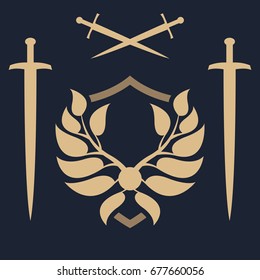 Unique template of the security company. Security sign. Abstract shield with leaves and swords. 
