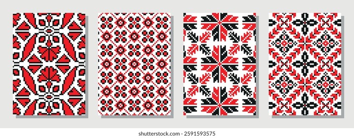 Unique textile patterns featuring traditional designs in red and black colors on a light background