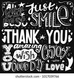 Unique thank you with hand drawn lettering and calligraphy with many phrases and words. Black and white vector illustration.