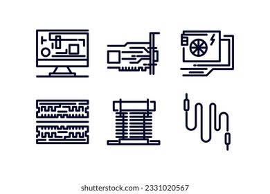 Einzigartige Dünnzeilensymbole, bestehend aus Computerhardware und Elektronikteilen.