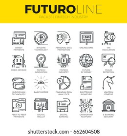 Unique thin line icons set of fintech industry, finance digitization. Premium quality outline symbol collection. Modern linear pictogram pack of metaphors. Stroke vector logo concept for web graphics.