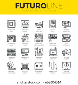 Unique thin line icons set of computer hardware and electronics parts. Premium quality outline symbol collection. Modern linear pictogram pack of metaphors. Stroke vector logo concept for web graphics