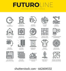 Unique thin line icons set of new future innovation in technology. Premium quality outline symbol collection. Modern linear pictogram pack of metaphors. Stroke vector logo concept for web graphics.