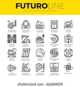 Unique thin line icons set of space exploration and planetary base. Premium quality outline symbol collection. Modern linear pictogram pack of metaphors. Stroke vector logo concept for web graphics.