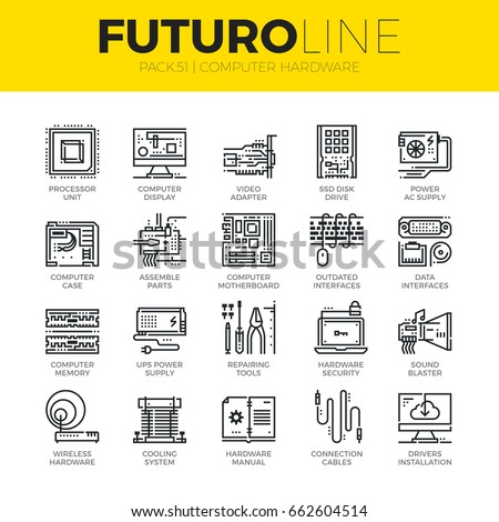 Unique thin line icons set of computer hardware and electronics parts. Premium quality outline symbol collection. Modern linear pictogram pack of metaphors. Stroke vector logo concept for web graphics