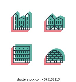 Unique thin line pixel perfect icon set. Anaglyph 3D colorful style. Different house, buildings, institutes, and factories icons. Suitable for web and print Isolated vector icons.