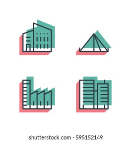 Unique thin line pixel perfect icon set. Anaglyph 3D colorful style. Different house, buildings, institutes, and factories icons. Suitable for web and print Isolated vector icons.