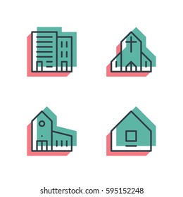 Unique thin line pixel perfect icon set. Anaglyph 3D colorful style. Different house, buildings, institutes, and factories icons. Suitable for web and print Isolated vector icons.