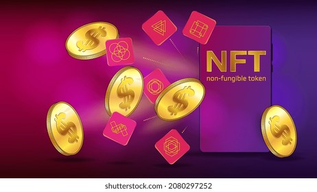 Unique tokens and gold coins of US dollars fly out from cellphone. Concept of earning dollars USD on NFT non fungible token. Colorful template for banner or game.