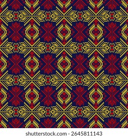 Unique traditional Thai fabric silk geometric ethnic oriental cross stitch style with red and golden Thai ornament seamless pattern on blue background.