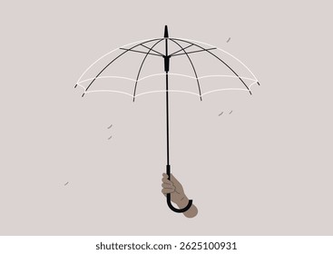 Unique transparent umbrella displayed against simple backdrop, showcasing elegance and utility during a rainy day in a vibrant urban setting