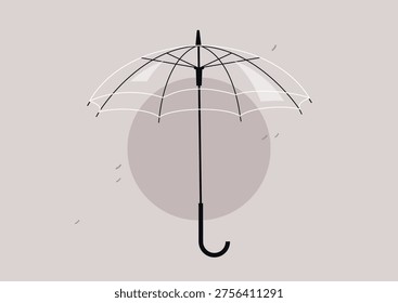 Unique transparent umbrella displayed against simple backdrop, showcasing elegance and utility during a rainy day in a vibrant urban setting