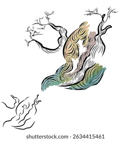 einzigartiges Baumillustrationsdesign mit einigen trockenen Stämmen und einigen wachsenden Brunnen