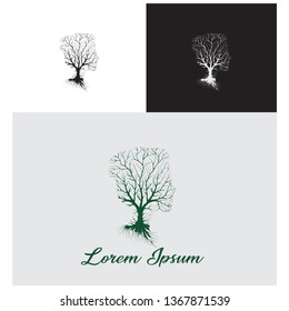 unique tree logo, a dry tree with branches and twigs in the shape of a human head