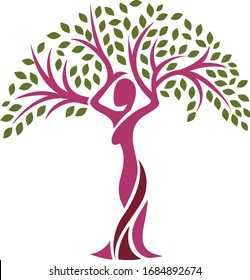 Unique Tree Vector illustration with abstract woman shape- aids and health symbol. Minimal logo.