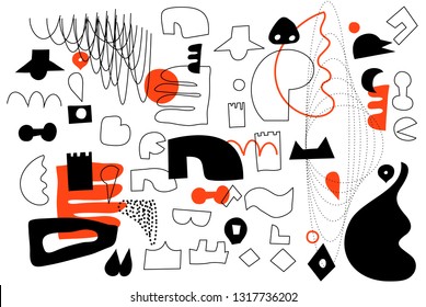 Unique Trendy Artistic Collection Of Abstract Shapes In Handmade Technique. Bright bold design elements Set for Motion, Animation, Magazine, Billboard etc