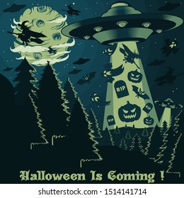 Unique and Trendy Halloween Banner or Poster with The Arrival of Aliens Carrying Halloween. Unique and Trendy Banner or Poster Background For Your Unique Design.