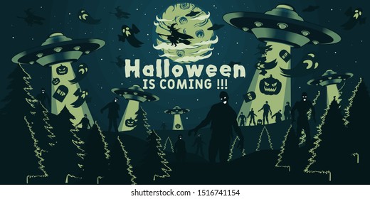 Unique and Trendy Halloween Banner or Poster with The Arrival of Aliens Carrying Halloween. Unique and Trendy Banner or Poster Background For Your Unique Design.
