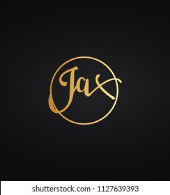 Unique trendy modern minimal circular black and Gold JAX initial based letter icon logo.