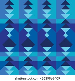 Unique and trendy triangle pattern with varying of shades of blue. Mosaic tile pattern for wallpaper, packaging, and backdrop. Geometric diamond design. Seamless 3D illusion imitation. Vector, EPS 10.