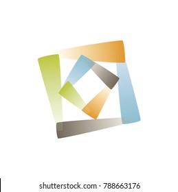 Unique triangles arranged in a square shape to show unity and diversity for a company logo or program. Blue, orange and green shapes layered together.