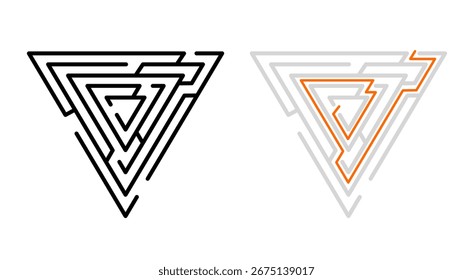 Ilustración triangular única del laberinto con una versión negra y una versión con la ruta resuelta resaltada en naranja Ideal para rompecabezas Elementos de Diseño gráfico Vector