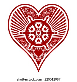 A unique tribal style card suit design featuring hearts and a boat steering wheel.