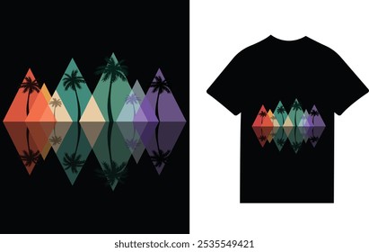  A unique t-shirt design with colorful geometric shapes, palm tree silhouettes, and reflective water, creating a vibrant tropical scene.