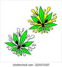 diseño único de vectores de marihuana de dos hojas en efecto de manchado verde y amarillo y blanco