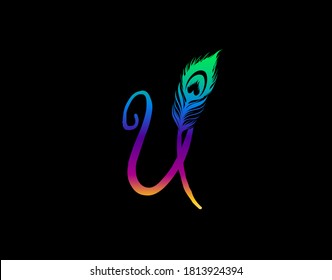 Unique U Letter Decorated With Exotic Peacock Feather. 