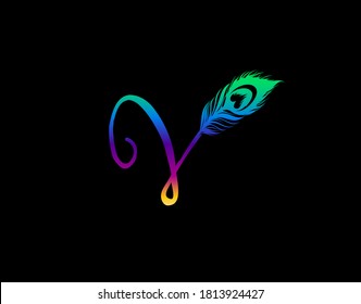 Unique V Letter Decorated With Exotic Peacock Feather. 