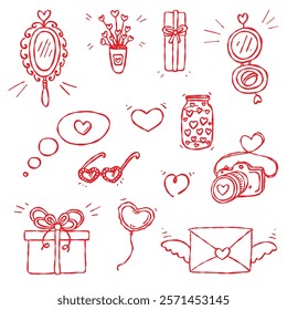 Unique Valentine Doodle Set. Beauty and Fashion. Hand drawn unique contour elements, red line, isolated, white background. Valentines Day, honeymoon, web and digital design, postcards, stickers, gifts