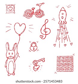 Unique Valentine Doodle Set. Hand drawn unique contour elements, red line, isolated, white background. Valentine s Day, honeymoon, web and digital design, postcards, stickers, gifts